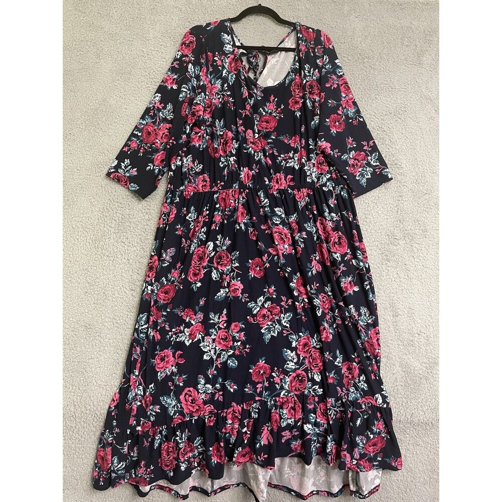 Lane Bryant Navy Floral Highlow Midi Dress Pink Green 3/4 Sleeves Stretch flowy